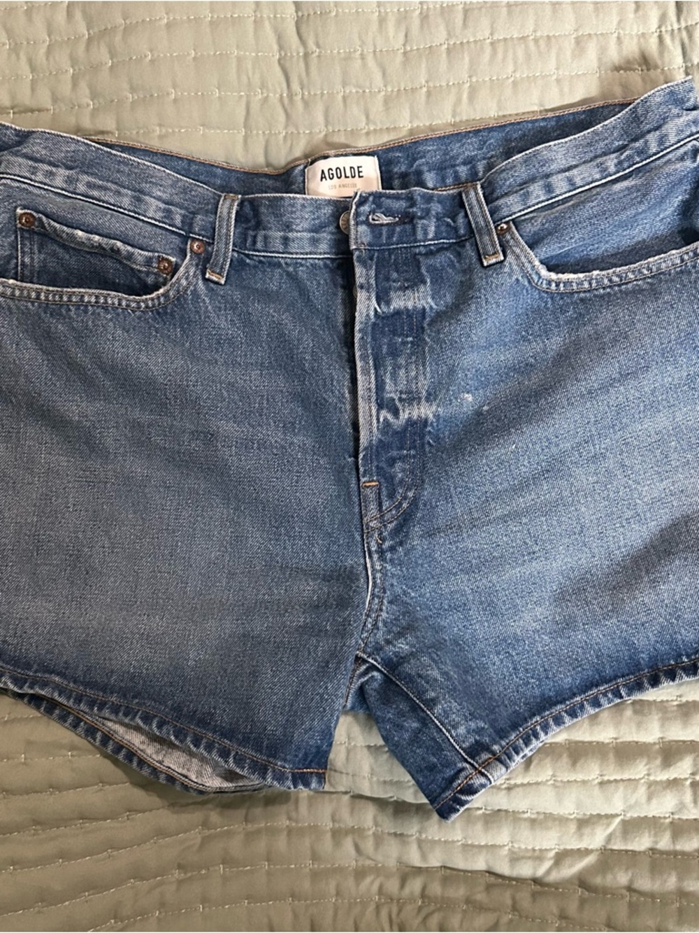 Agolde Parker Long Medium Wash Denim Shorts - Picture 4 of 7